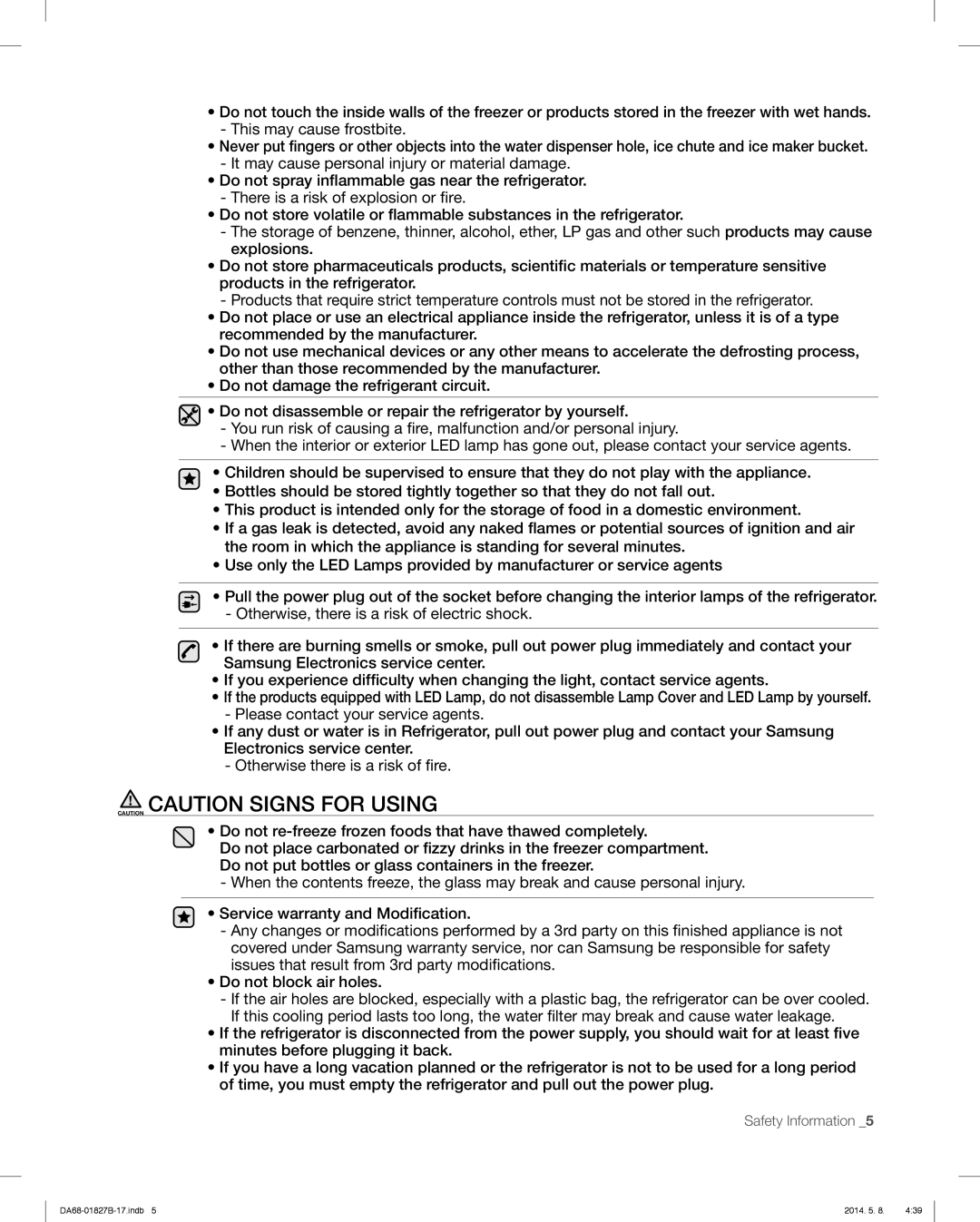 Samsung RFG237AABP, RFG237AARS, RFG237AAWP user manual Safety Information 