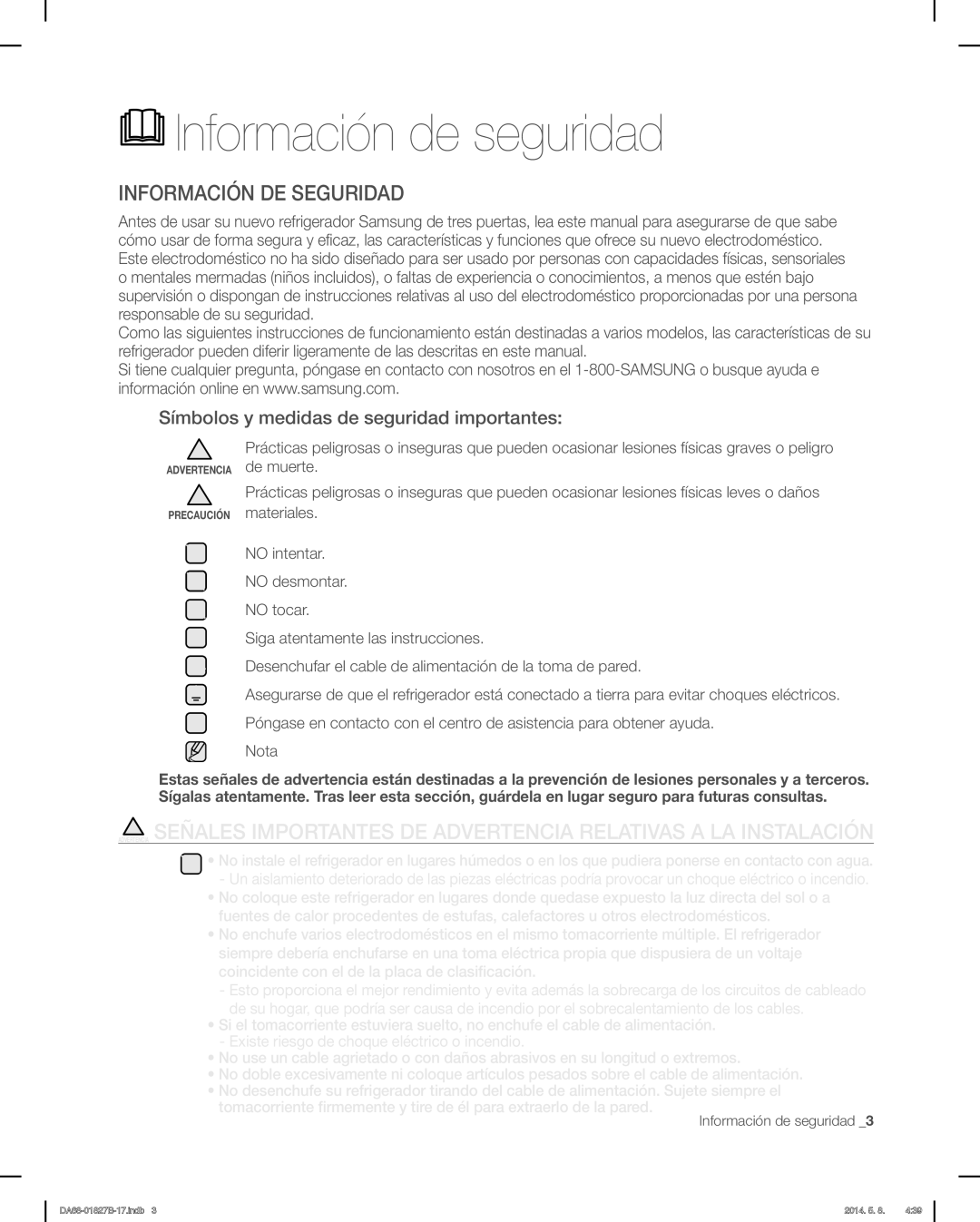 Samsung RFG237AABP Información de seguridad, Información DE Seguridad, Símbolos y medidas de seguridad importantes 