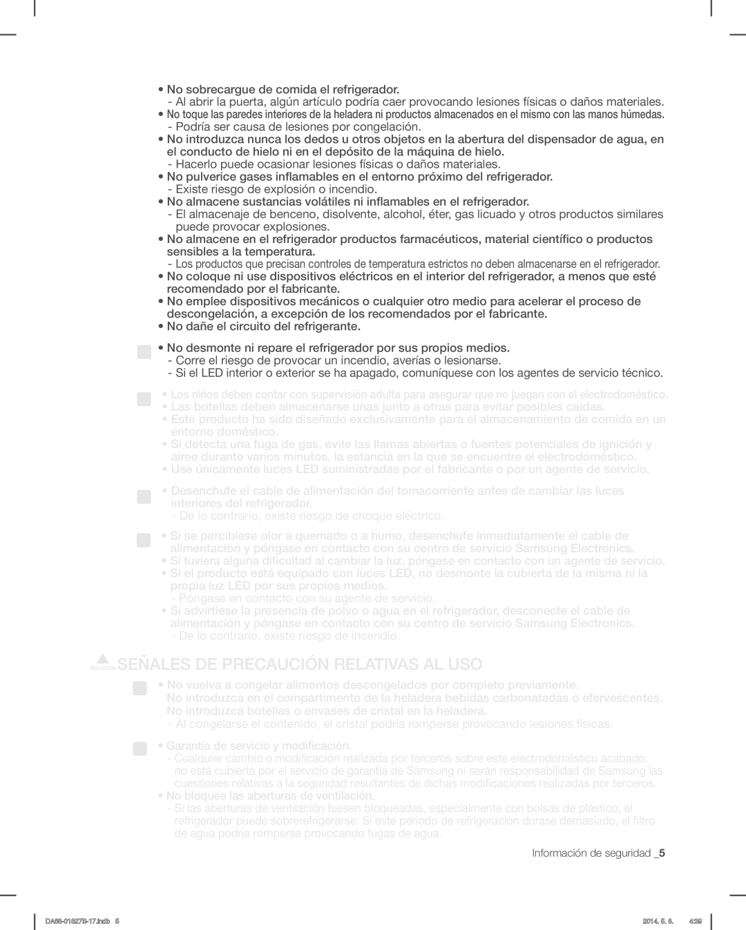 Samsung RFG237AAWP, RFG237AARS, RFG237AABP user manual Precaución Señales DE Precaución Relativas AL USO 