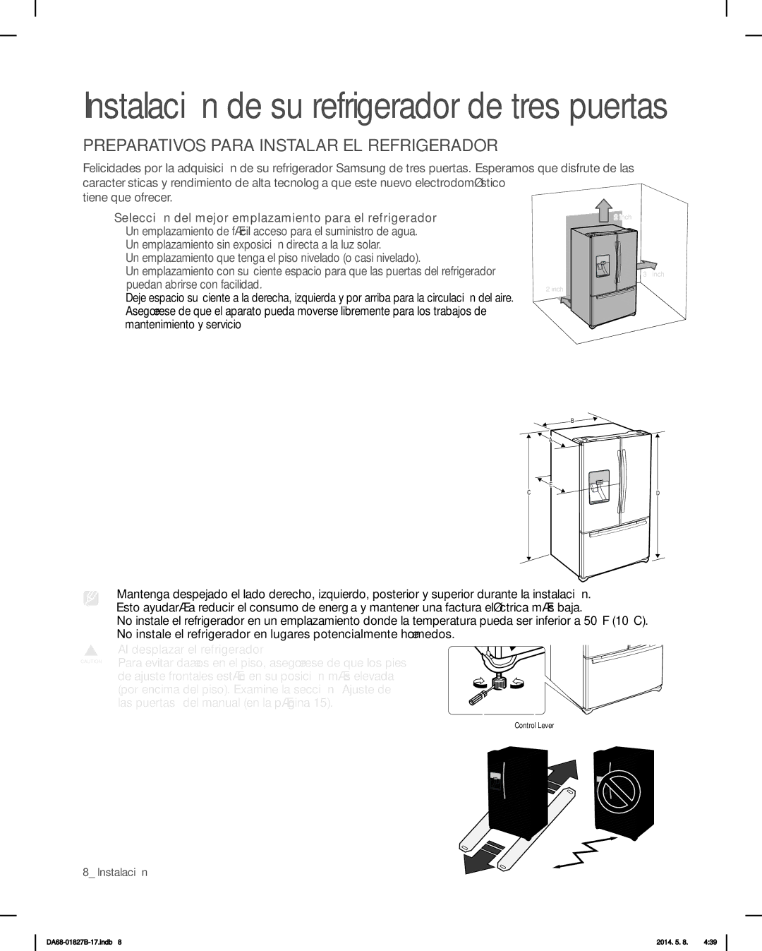 Samsung RFG237AAWP, RFG237AARS Instalación de su refrigerador de tres puertas, Preparativos Para Instalar EL Refrigerador 