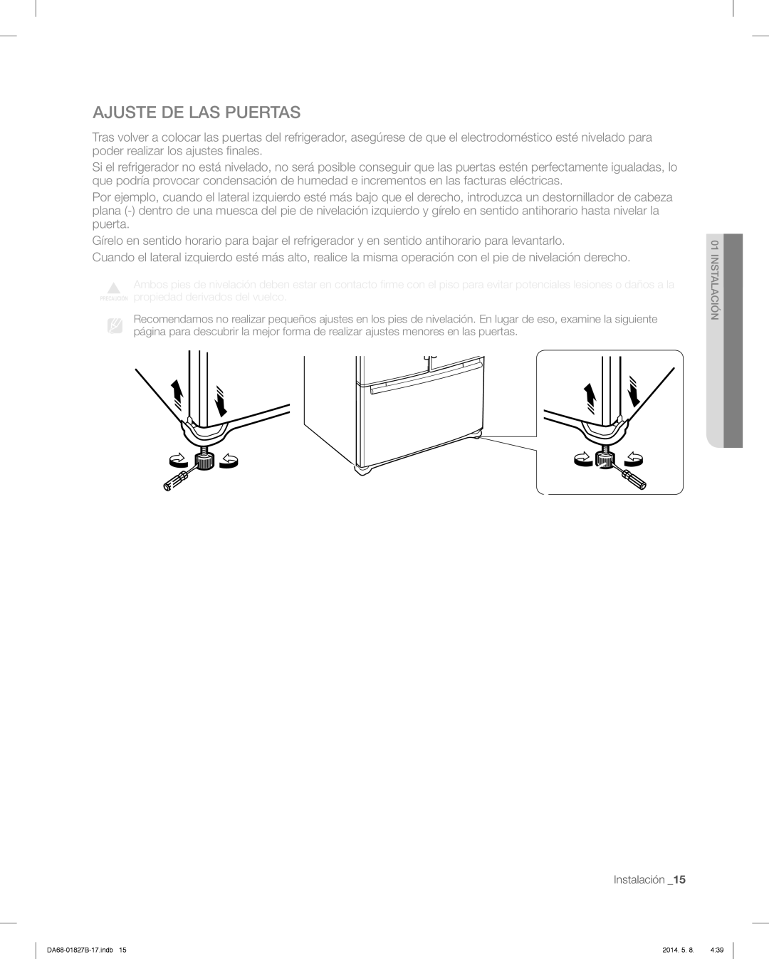 Samsung RFG237AABP, RFG237AARS, RFG237AAWP user manual Ajuste DE LAS Puertas 