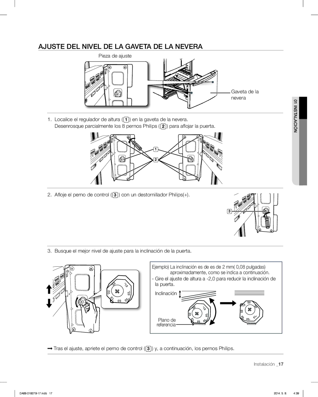 Samsung RFG237AAWP, RFG237AARS, RFG237AABP user manual Ajuste DEL Nivel DE LA Gaveta DE LA Nevera 