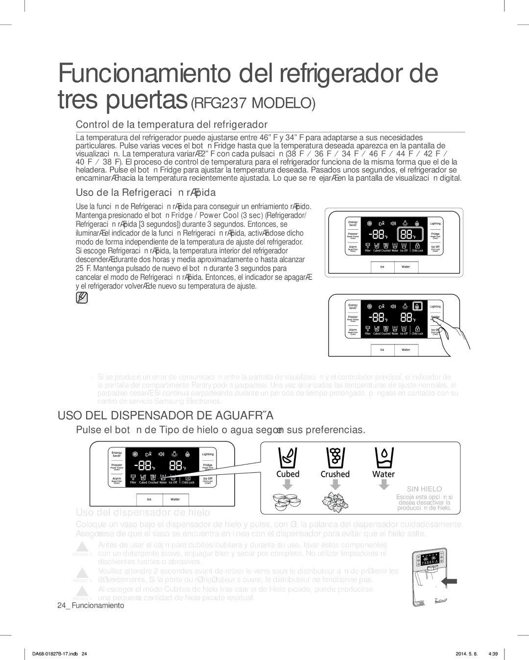 Samsung RFG237AABP, RFG237AARS, RFG237AAWP USO DEL Dispensador DE Aguafría, Control de la temperatura del refrigerador 