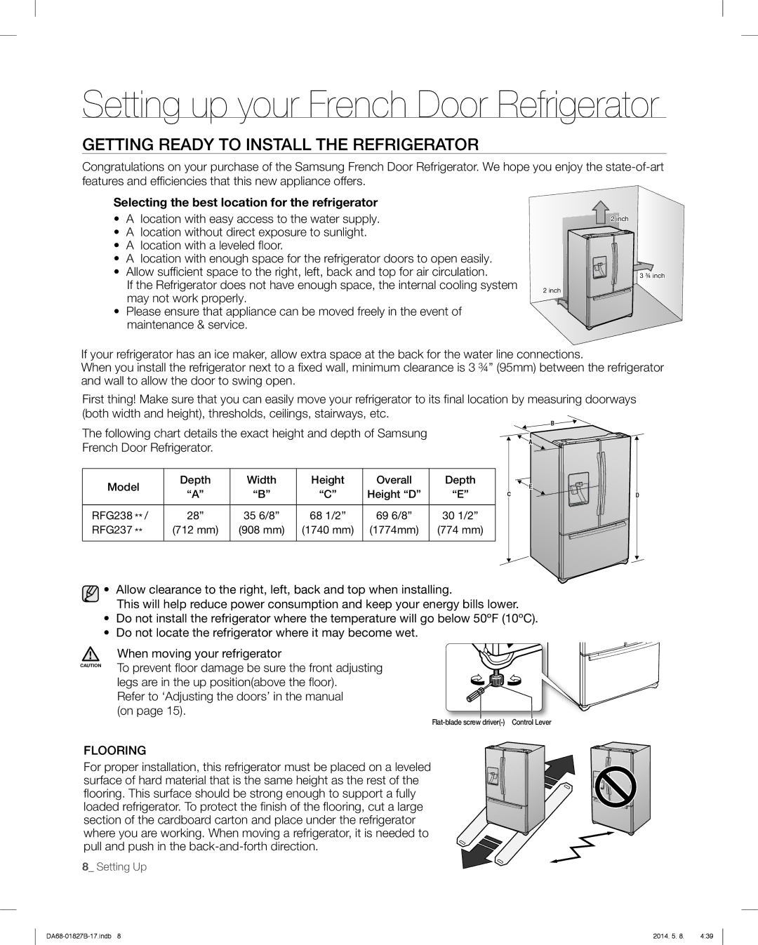 Samsung RFG237AABP, RFG237AARS Setting up your French Door Refrigerator, Getting Ready to Install the Refrigerator 