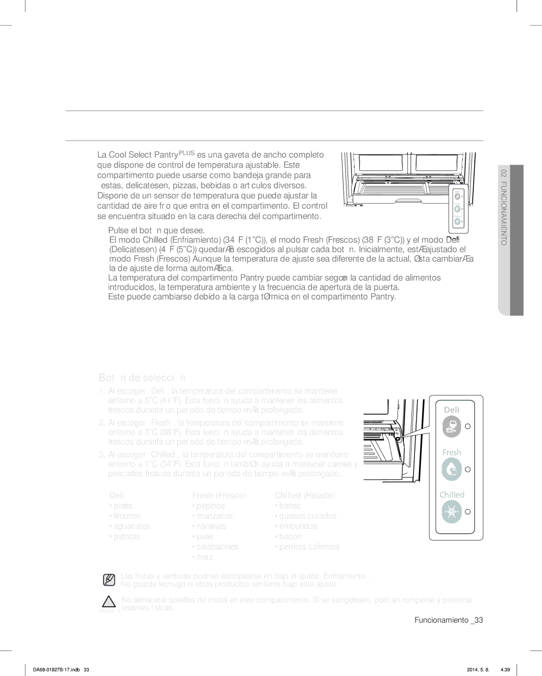 Samsung RFG237AABP, RFG237AARS, RFG237AAWP user manual USO DEL Cool Select Pantryplus, Temperatura, Botón de selección 