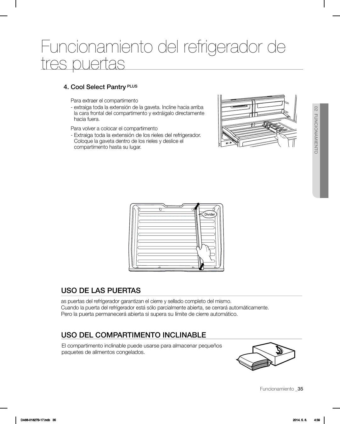 Samsung RFG237AAWP, RFG237AARS, RFG237AABP user manual USO DE LAS Puertas, USO DEL Compartimento Inclinable 