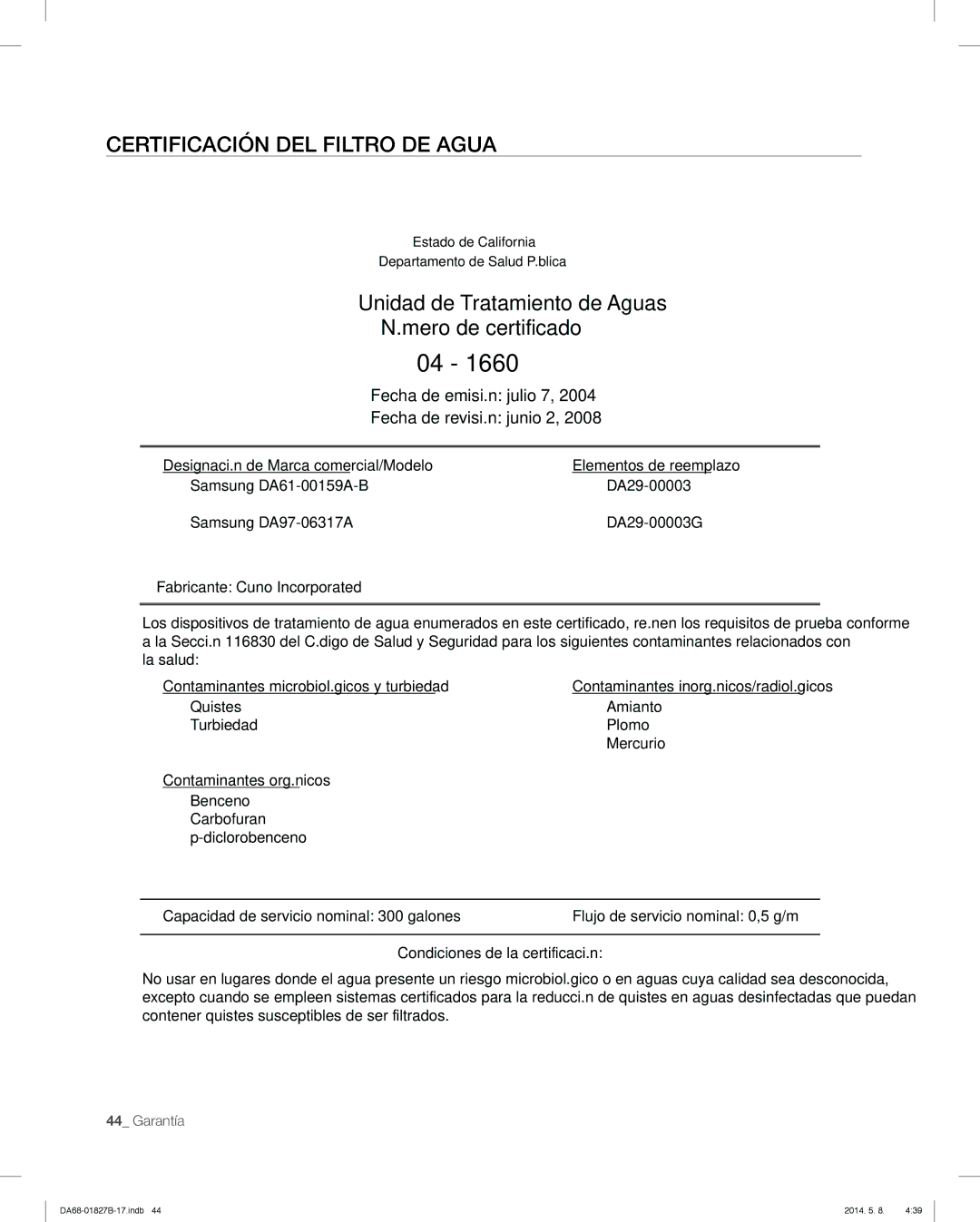 Samsung RFG237AAWP, RFG237AARS Certificación DEL Filtro DE Agua, Unidad de Tratamiento de Aguas Mero de certificado 