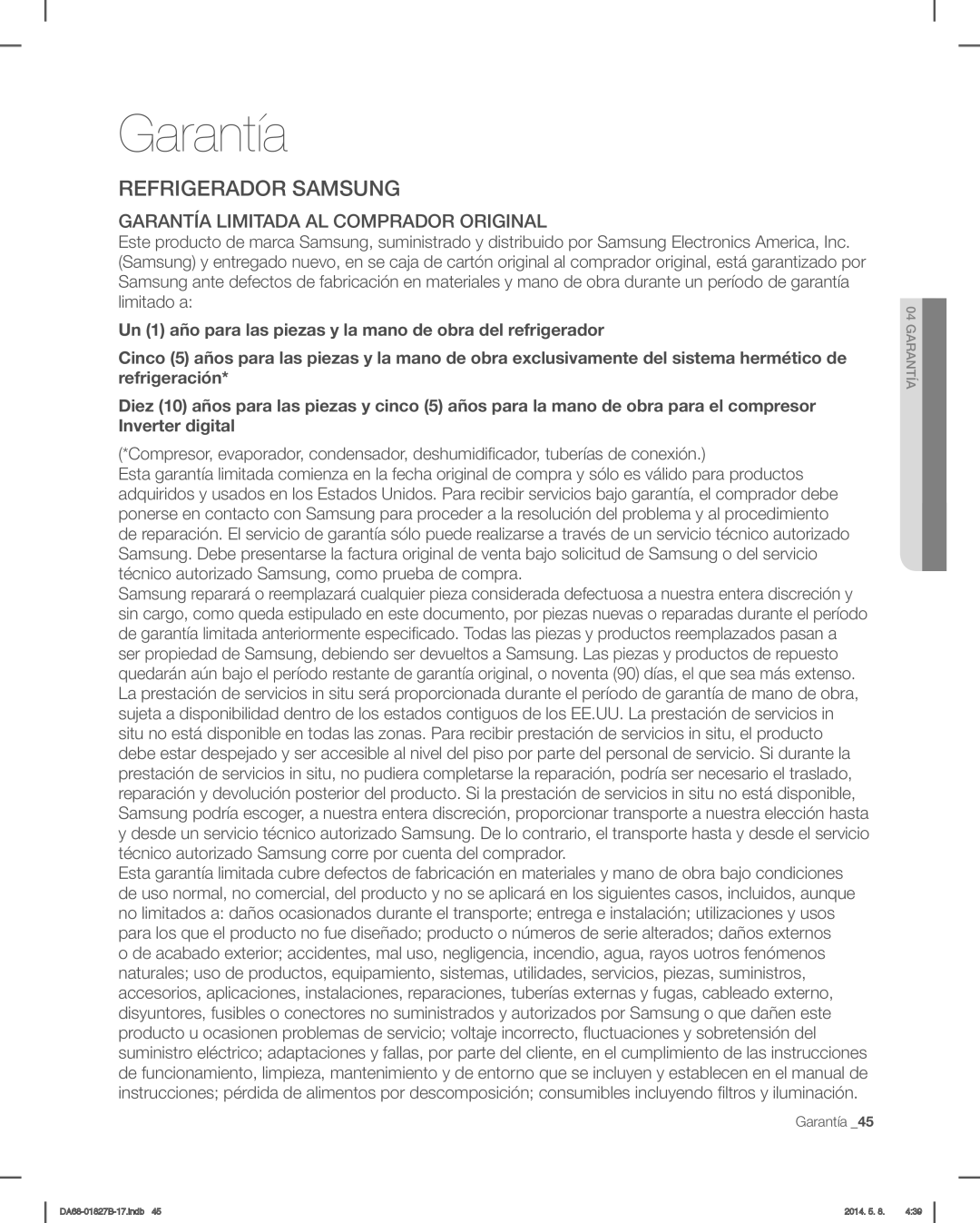 Samsung RFG237AABP, RFG237AARS, RFG237AAWP user manual Refrigerador Samsung, Garantía Limitada AL Comprador Original 