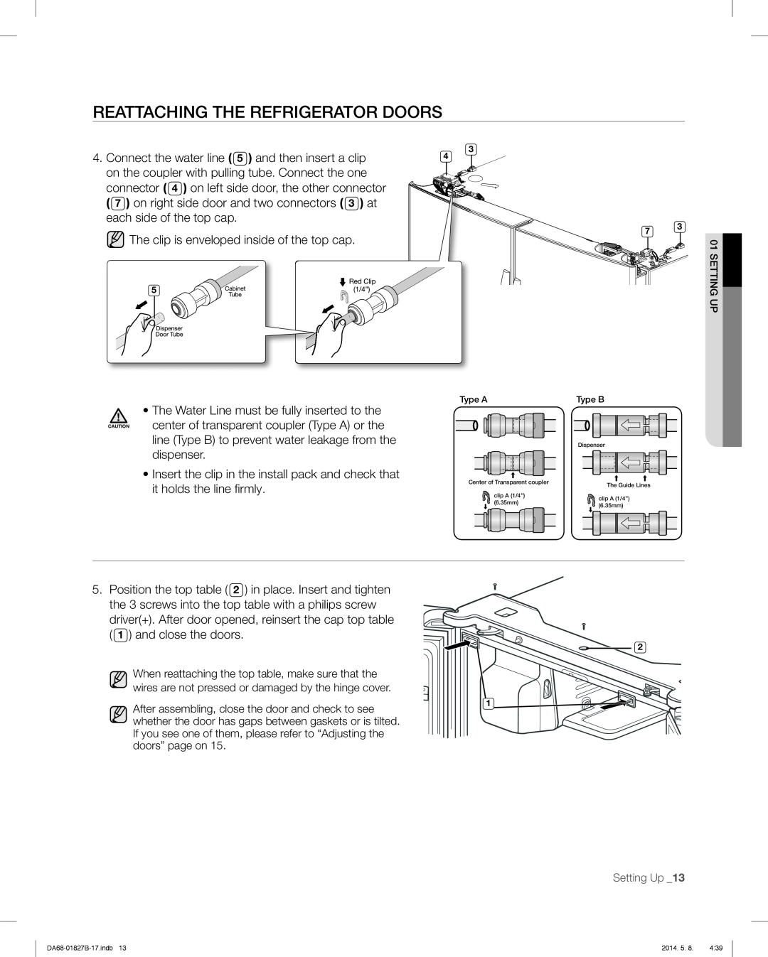 Samsung RFG237AAWP, RFG237AARS Reattaching The Refrigerator Doors, Connect the water line 5 and then insert a clip 