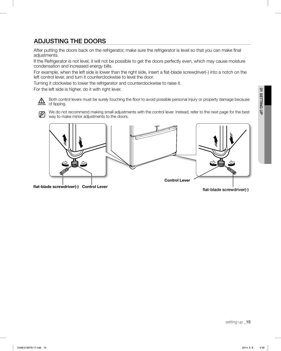 Samsung RFG237AARS, RFG237AAWP, RFG237AABP user manual Adjusting The Doors, ﬂat-blade screwdriver 