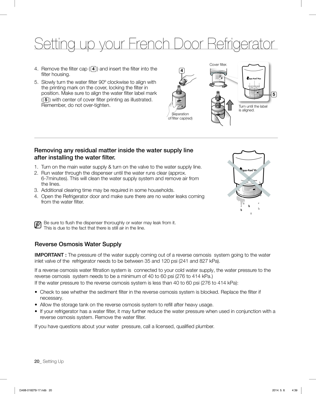Samsung RFG237AABP, RFG237AARS, RFG237AAWP user manual Setting up your French Door Refrigerator, Reverse Osmosis Water Supply 