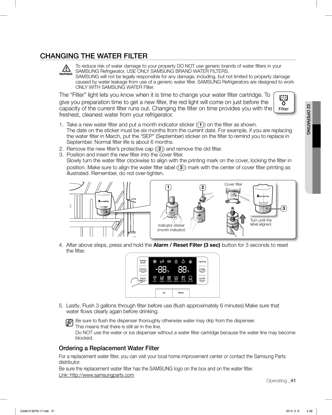 Samsung RFG237AABP, RFG237AARS, RFG237AAWP user manual Changing The Water Filter, Ordering a Replacement Water Filter 