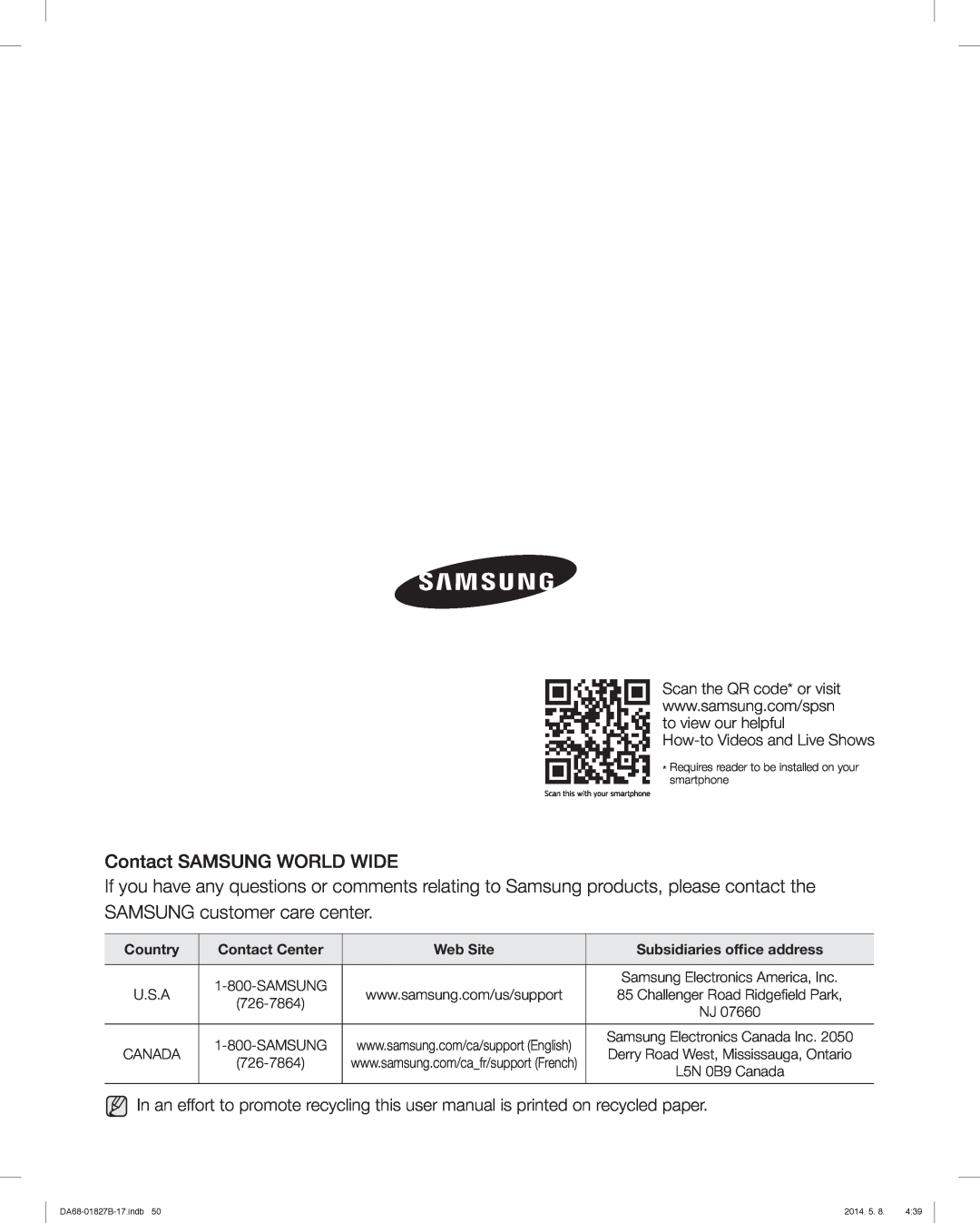 Samsung RFG237AABP Contact SAMSUNG WORLD WIDE, Country, Contact Center, Web Site, Subsidiaries ofﬁce address, 2014. 5. 8 