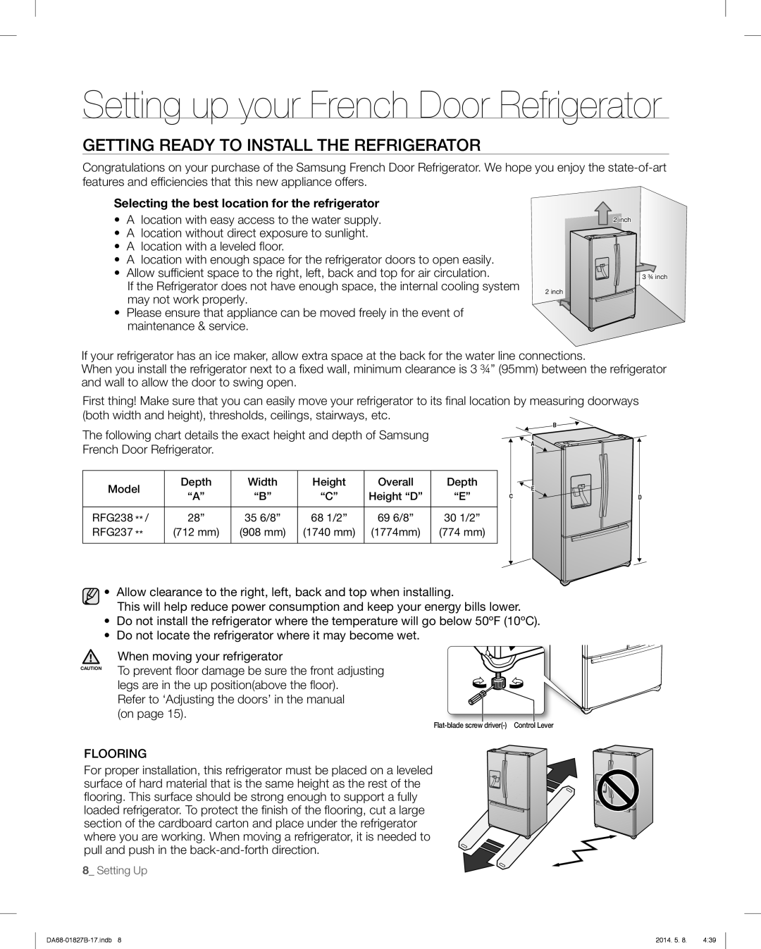 Samsung RFG237AABP, RFG237AARS Setting up your French Door Refrigerator, Getting Ready To Install The Refrigerator 