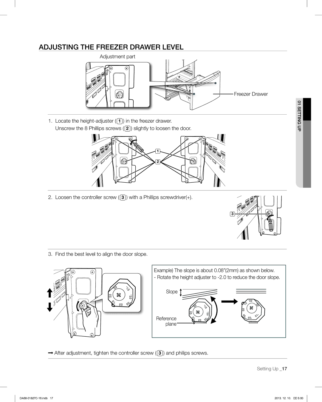 Samsung RFG237AARS user manual Adjusting the Freezer Drawer Level, Adjustment part Freezer Drawer 