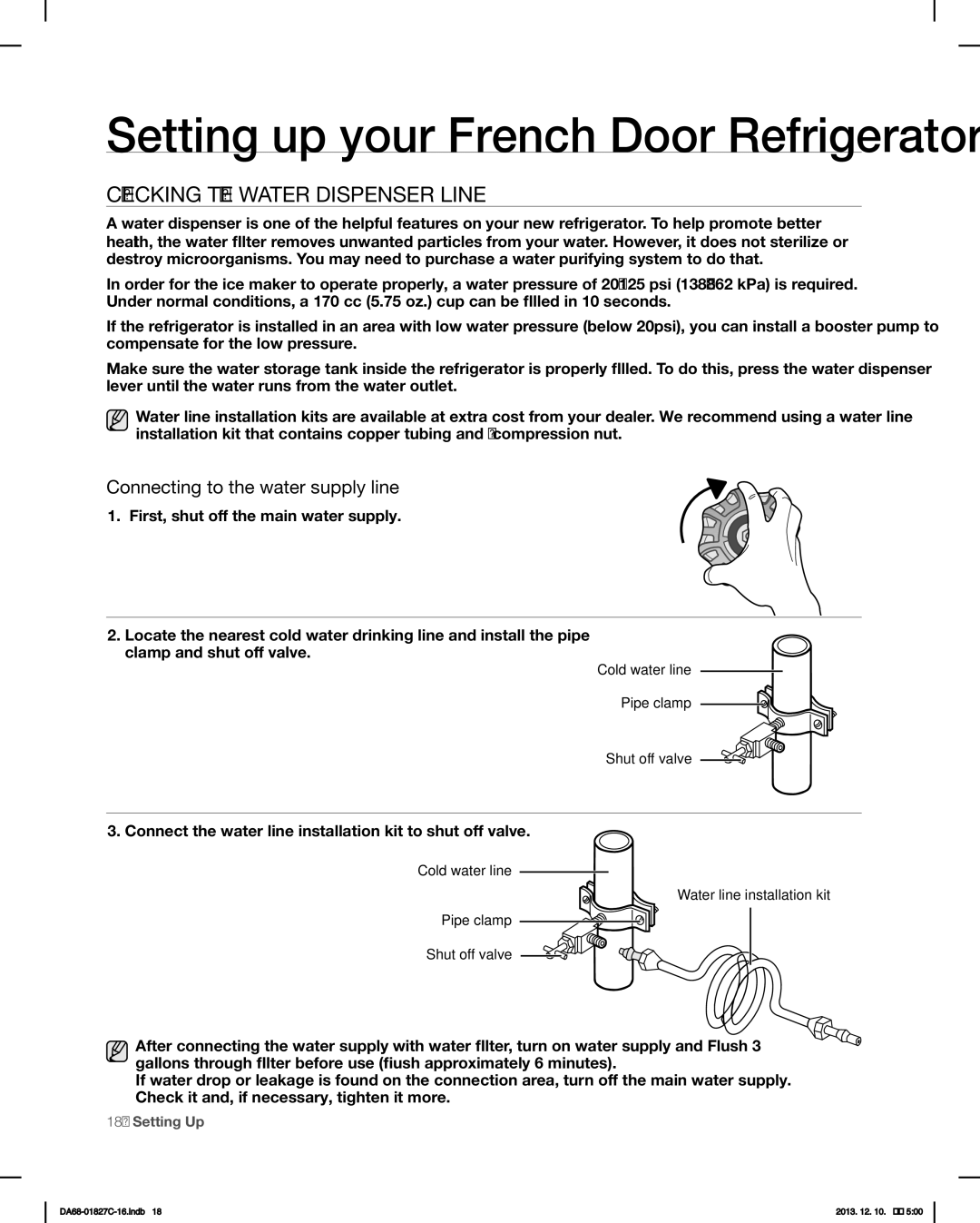 Samsung RFG237AARS user manual Checking the Water Dispenser Line, Connecting to the water supply line 