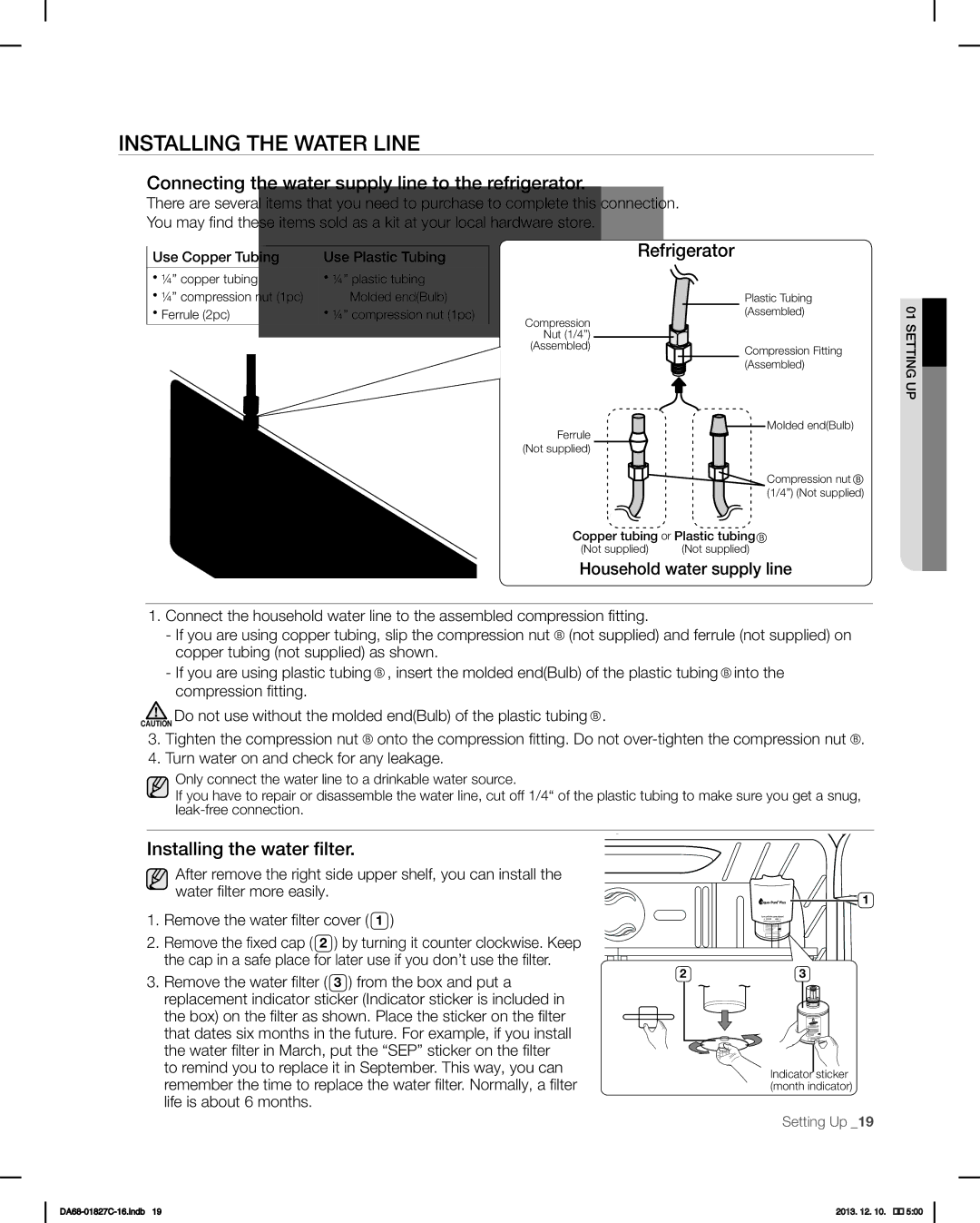 Samsung RFG237AARS Installing the Water Line, Connecting the water supply line to the refrigerator, Refrigerator 