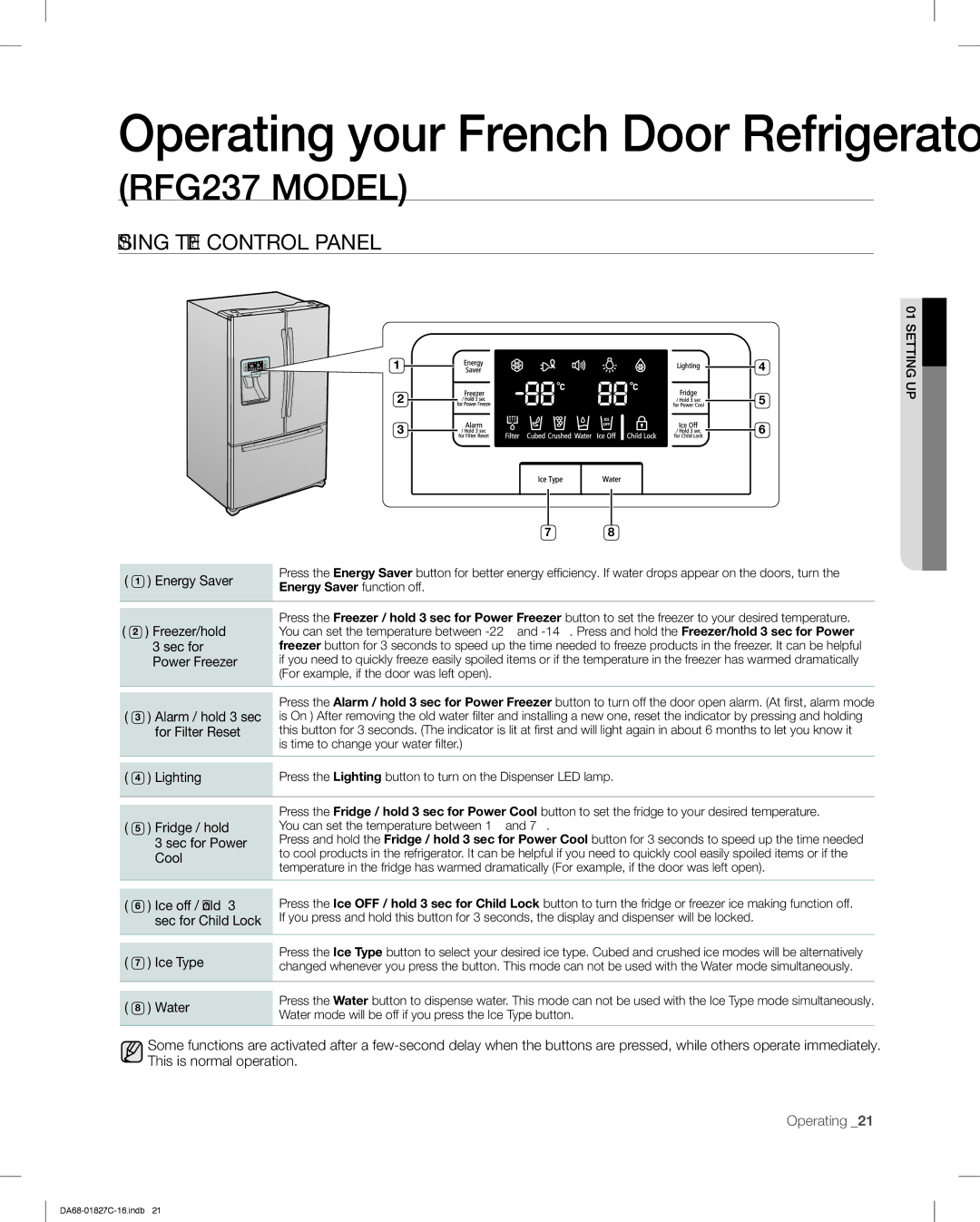 Samsung RFG237AARS user manual Using the Control Panel 