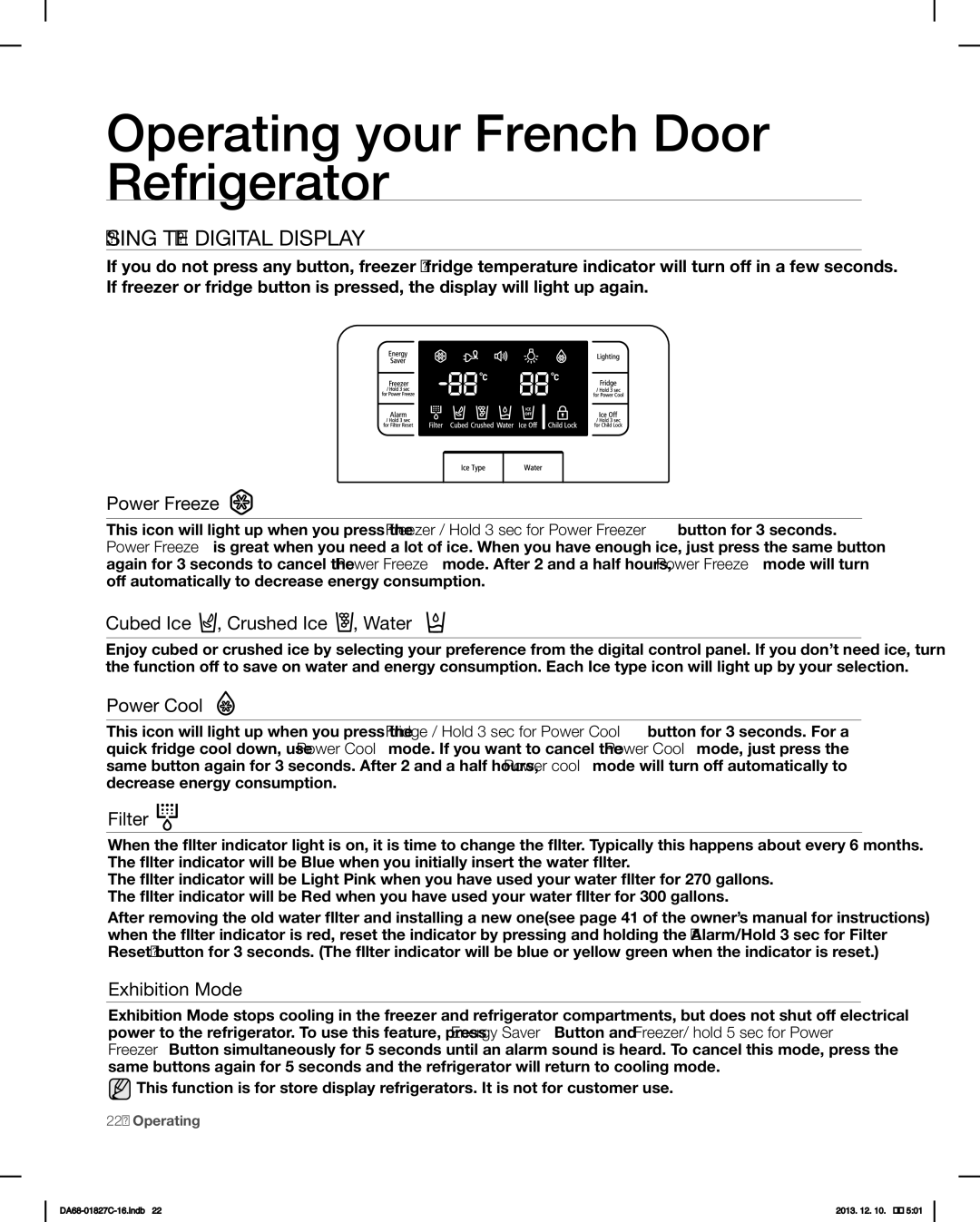 Samsung RFG237AARS user manual Operating your French Door Refrigerator, Using the Digital Display 