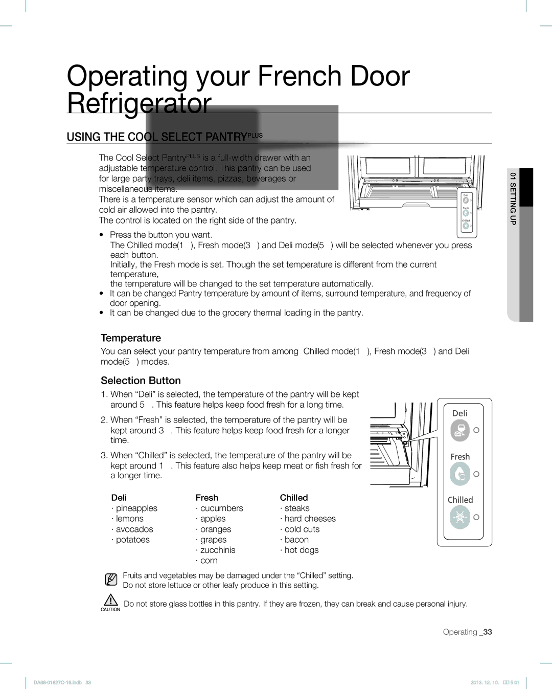 Samsung RFG237AARS user manual Using the Cool Select Pantryplus, Temperature, Selection Button, · hard cheeses 