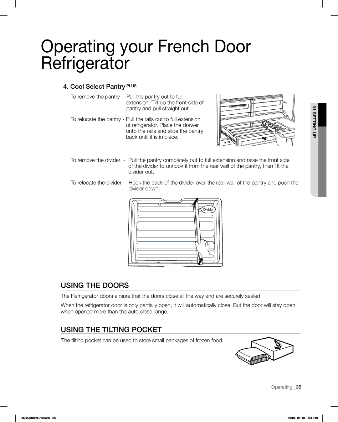 Samsung RFG237AARS user manual Using the Doors, Using the Tilting Pocket, Cool Select Pantry Plus 