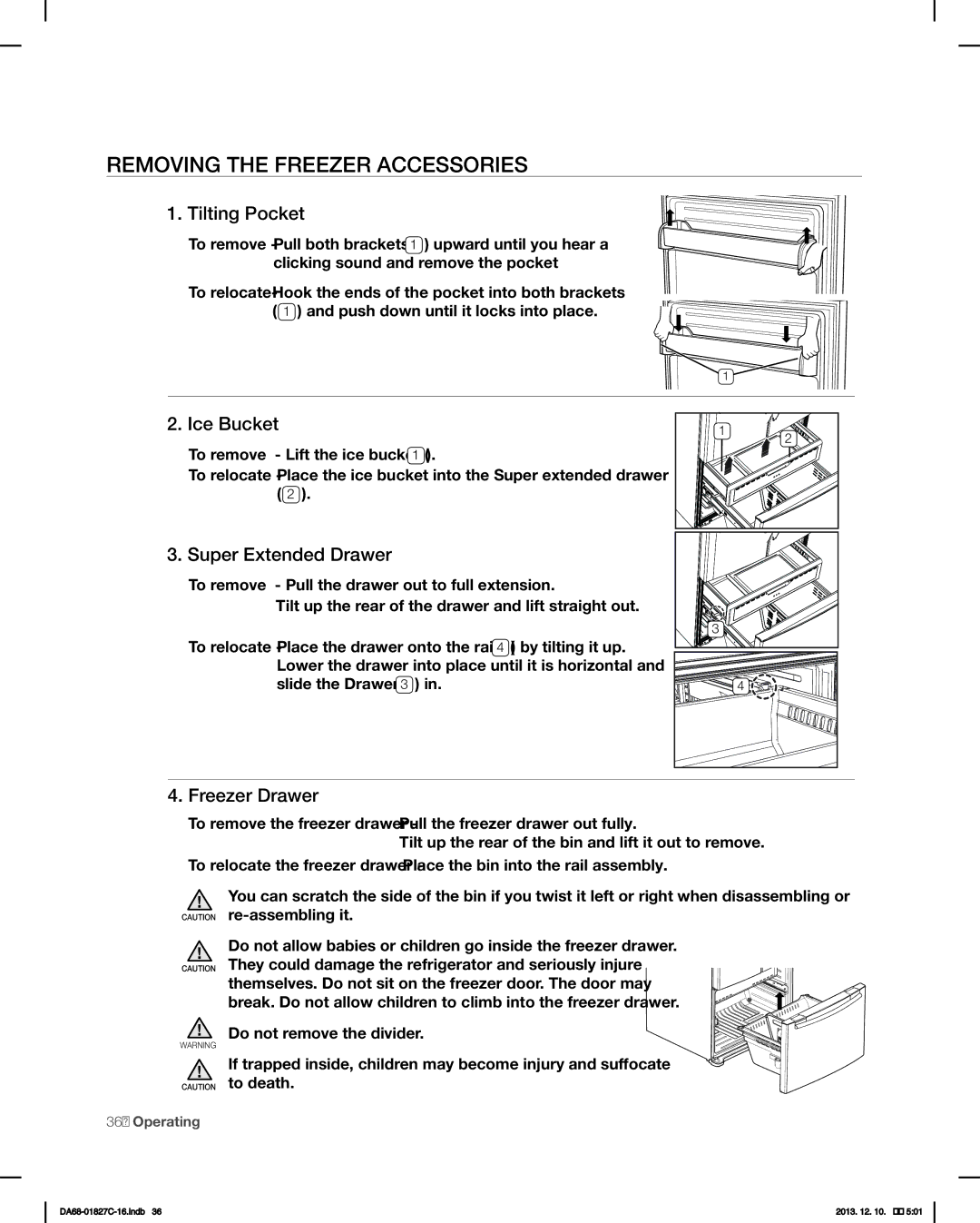 Samsung RFG237AARS Removing the Freezer Accessories, Tilting Pocket, Ice Bucket, Super Extended Drawer, Freezer Drawer 