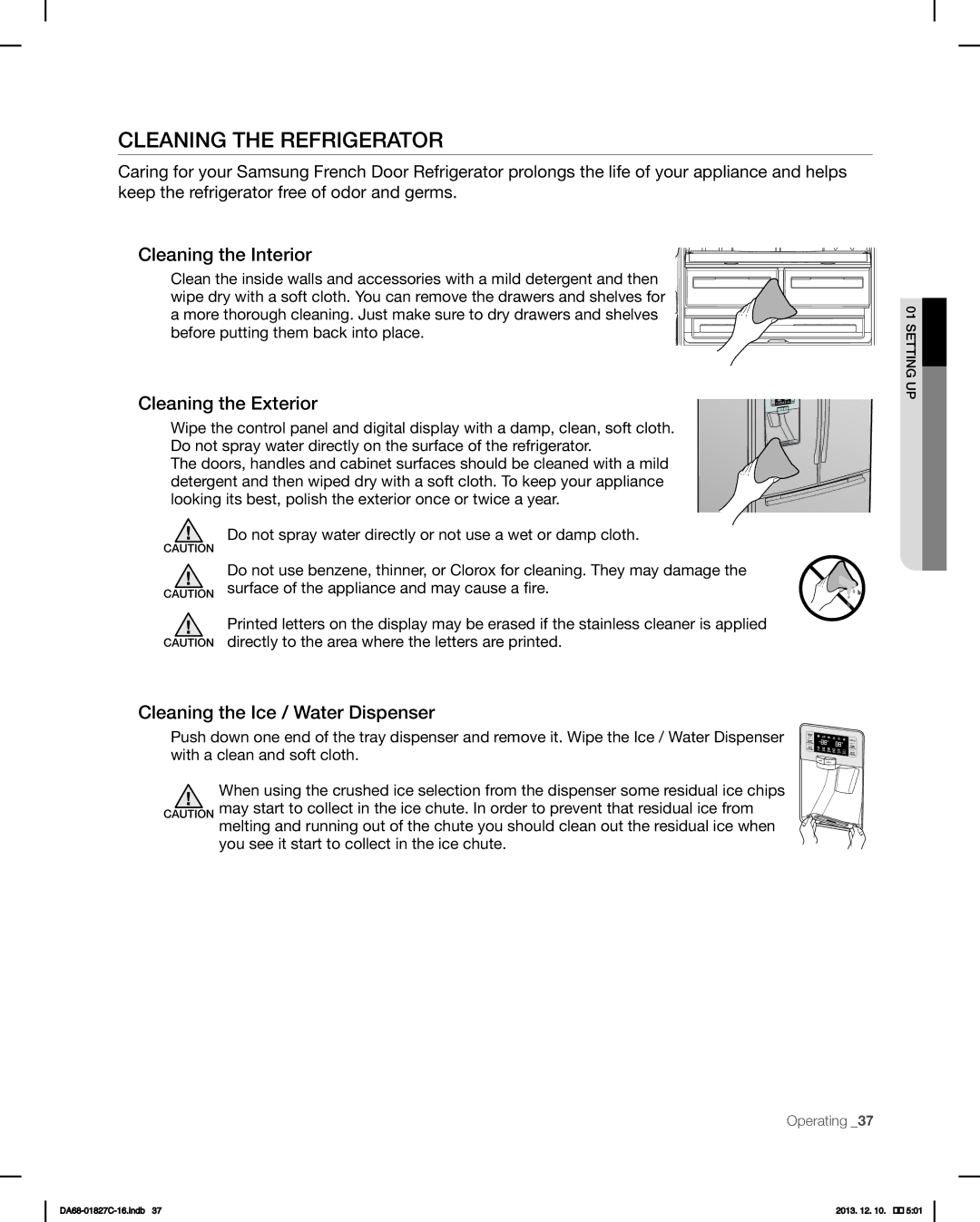 Samsung RFG237AARS user manual Cleaning the Refrigerator, Cleaning the Interior, Cleaning the Exterior 