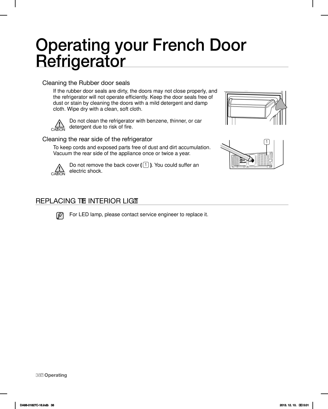 Samsung RFG237AARS user manual Replacing the Interior Light, Cleaning the Rubber door seals 