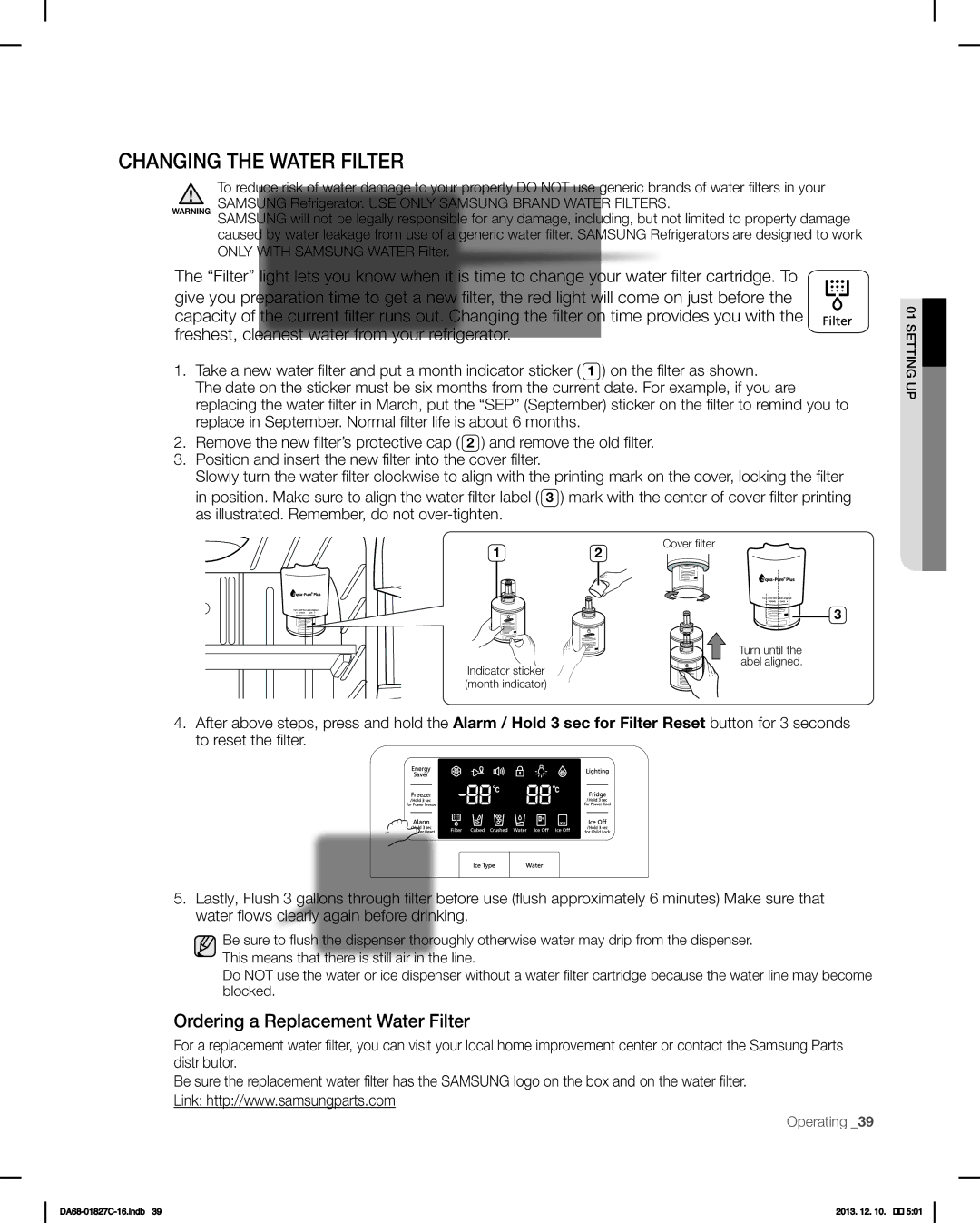 Samsung RFG237AARS user manual Changing the Water Filter, Ordering a Replacement Water Filter 