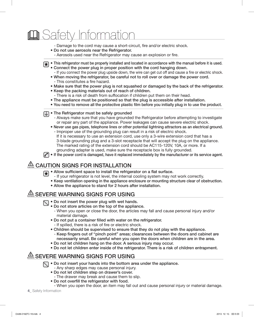 Samsung RFG237AARS user manual Safety Information 