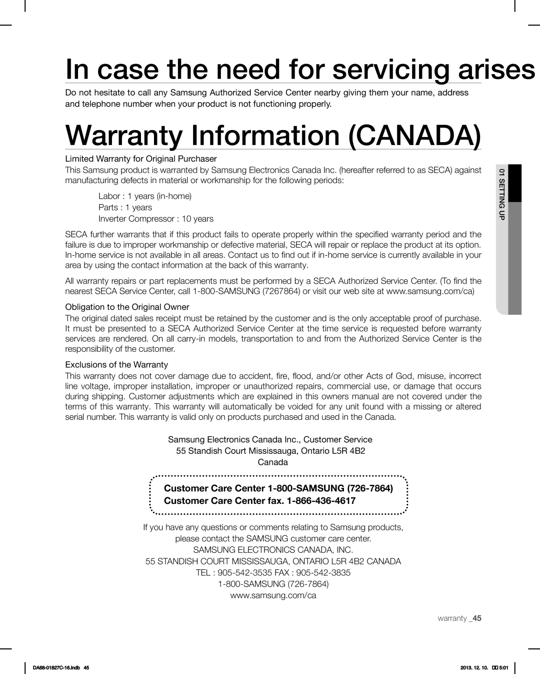 Samsung RFG237AARS user manual Warranty Information Canada, Case the need for servicing arises 