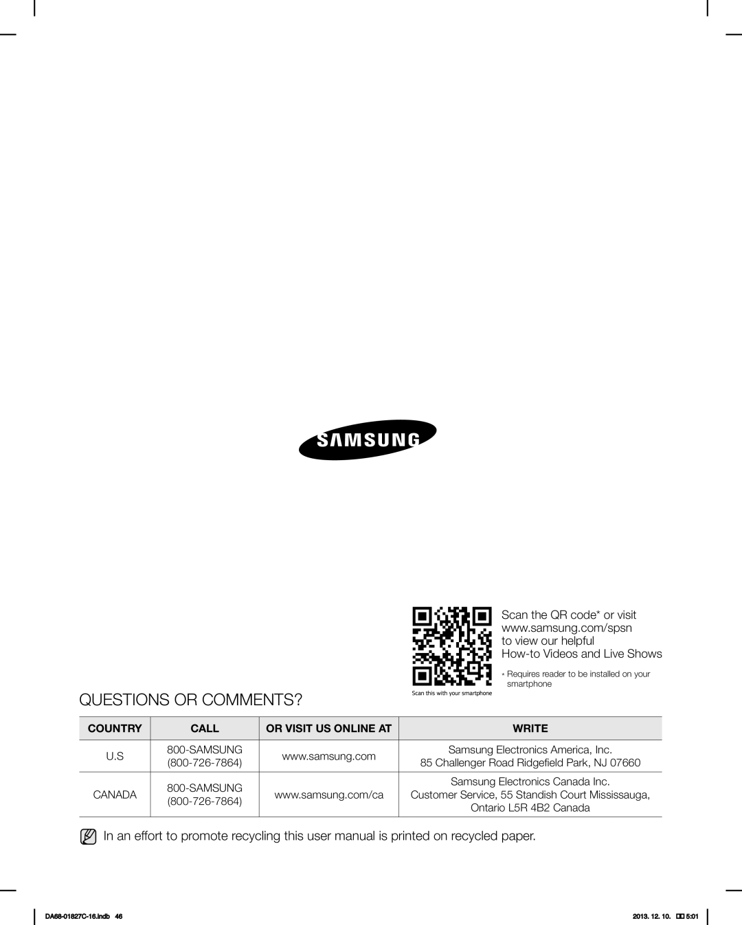 Samsung RFG237AARS user manual Questions or COMMENTS?, Challenger Road Ridgefield Park, NJ, Samsung Electronics Canada Inc 