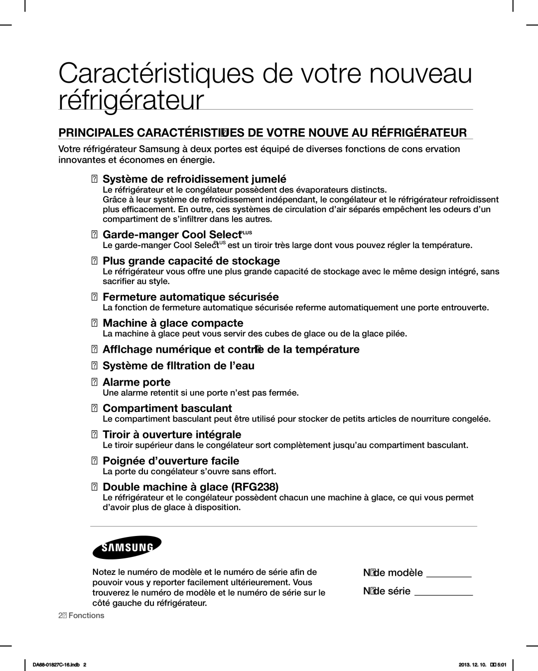 Samsung RFG237AARS user manual Caractéristiques de votre nouveau réfrigérateur, De modèle N de série 