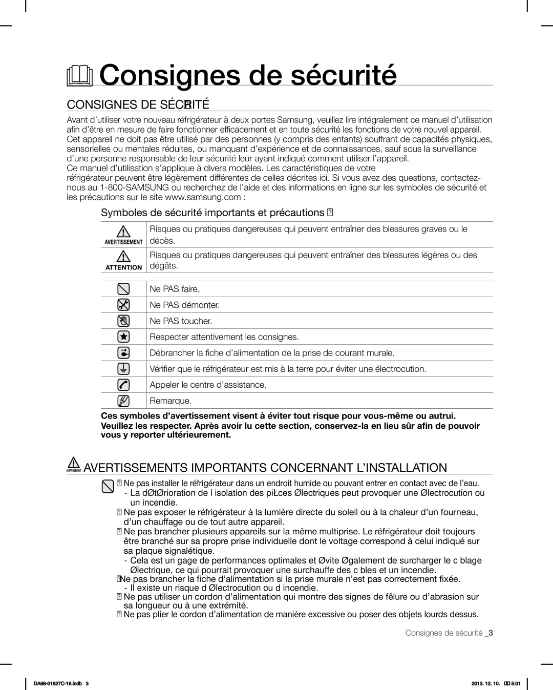 Samsung RFG237AARS user manual Consignes de sécurité, Consignes DE Sécurité, Symboles de sécurité importants et précautions 