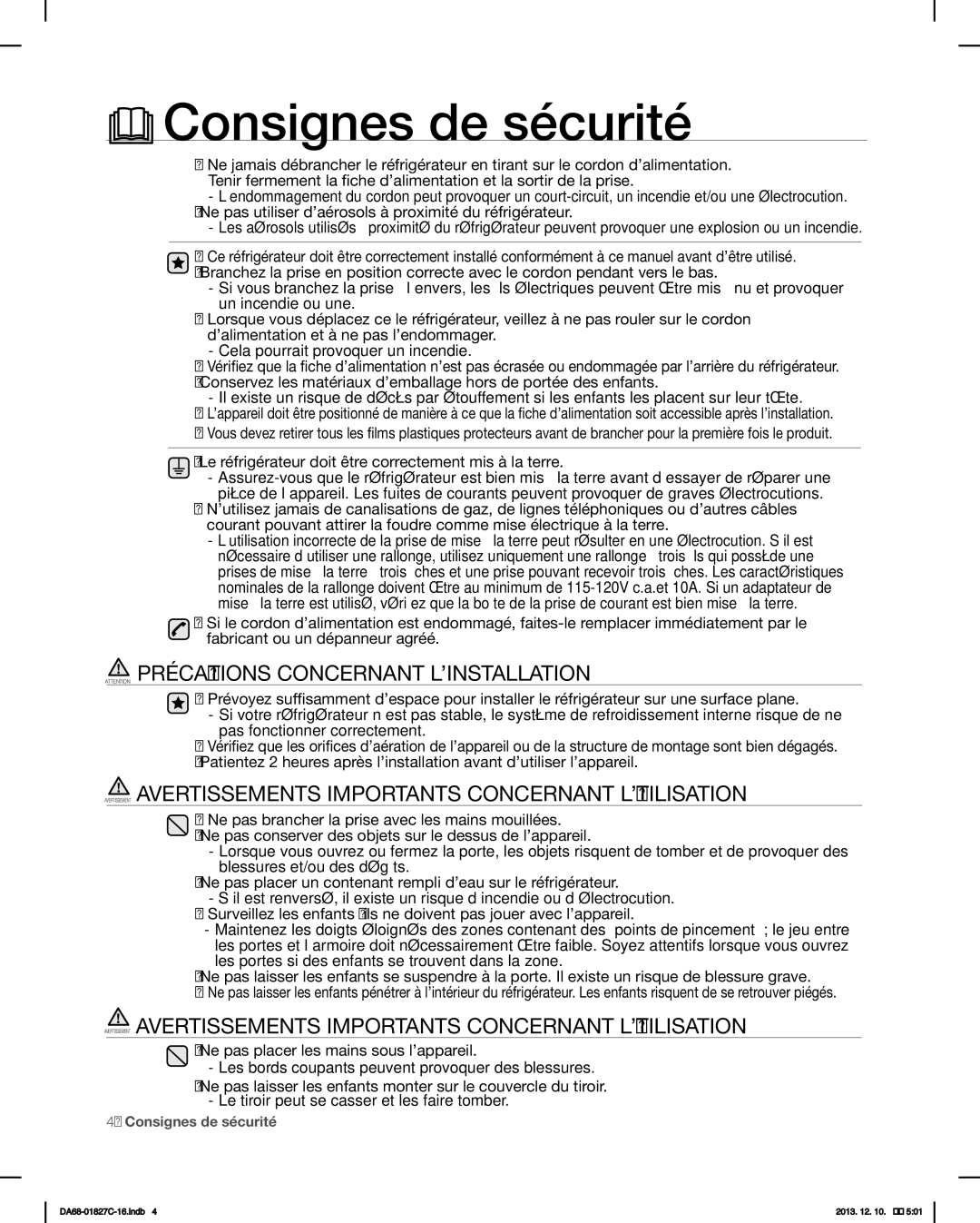 Samsung RFG237AARS user manual Consignes de sécurité 