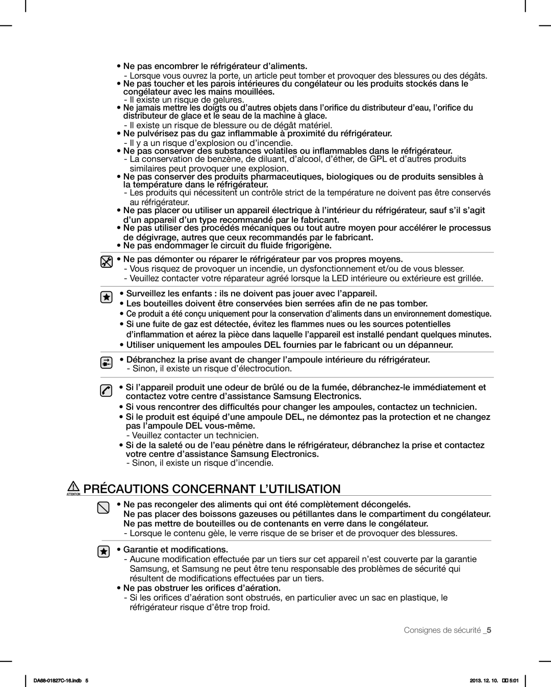 Samsung RFG237AARS user manual Consignes de sécurité 