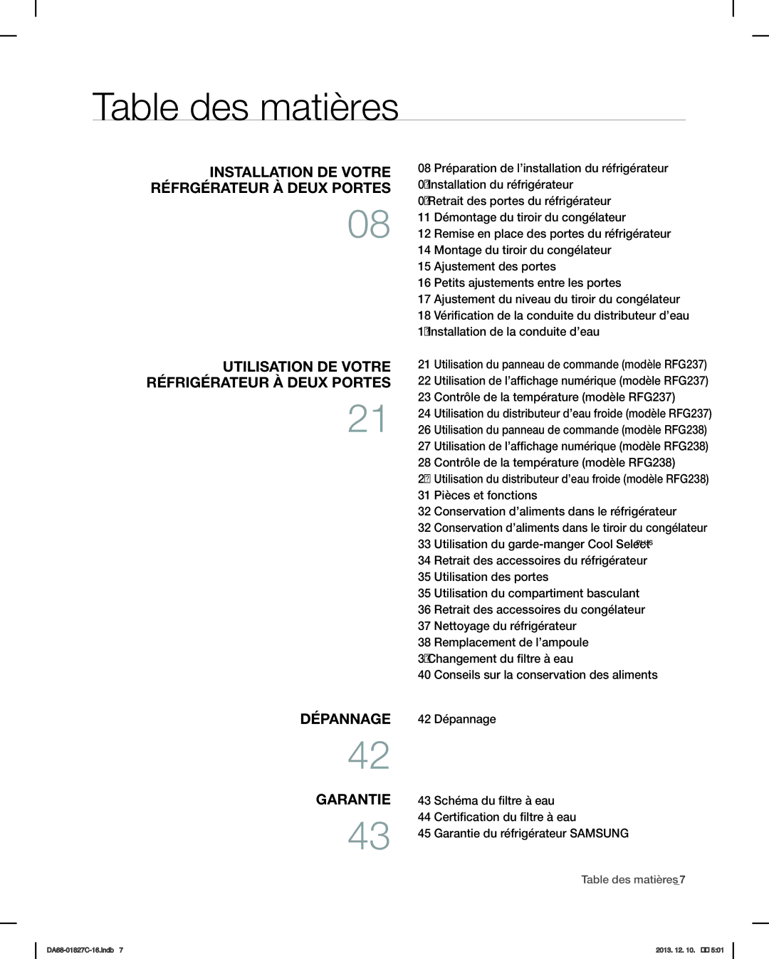 Samsung RFG237AARS Utilisation de l’affichage numérique modèle RFG237, Utilisation de l’affichage numérique modèle RFG238 