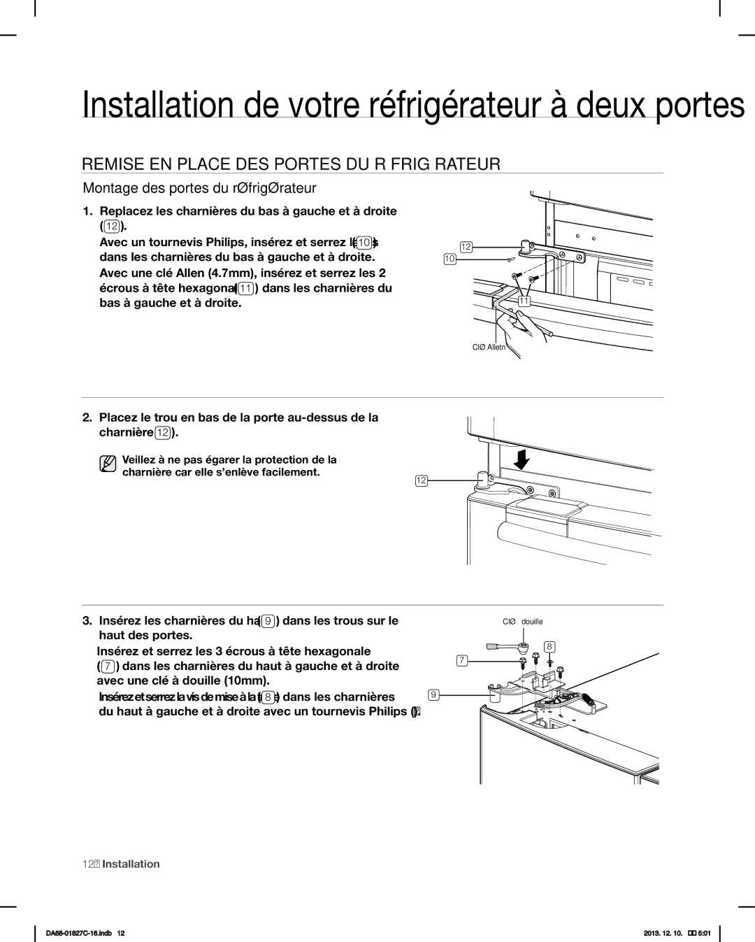 Samsung RFG237AARS user manual Remise EN Place DES Portes DU Réfrigérateur, Montage des portes du réfrigérateur 