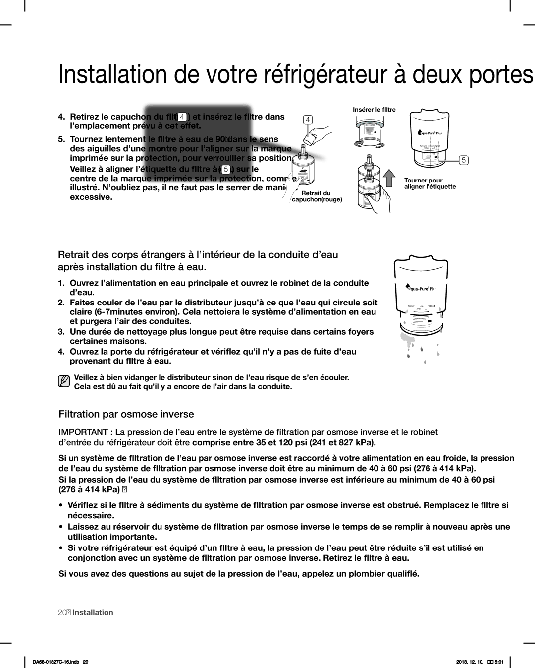 Samsung RFG237AARS user manual Filtration par osmose inverse 