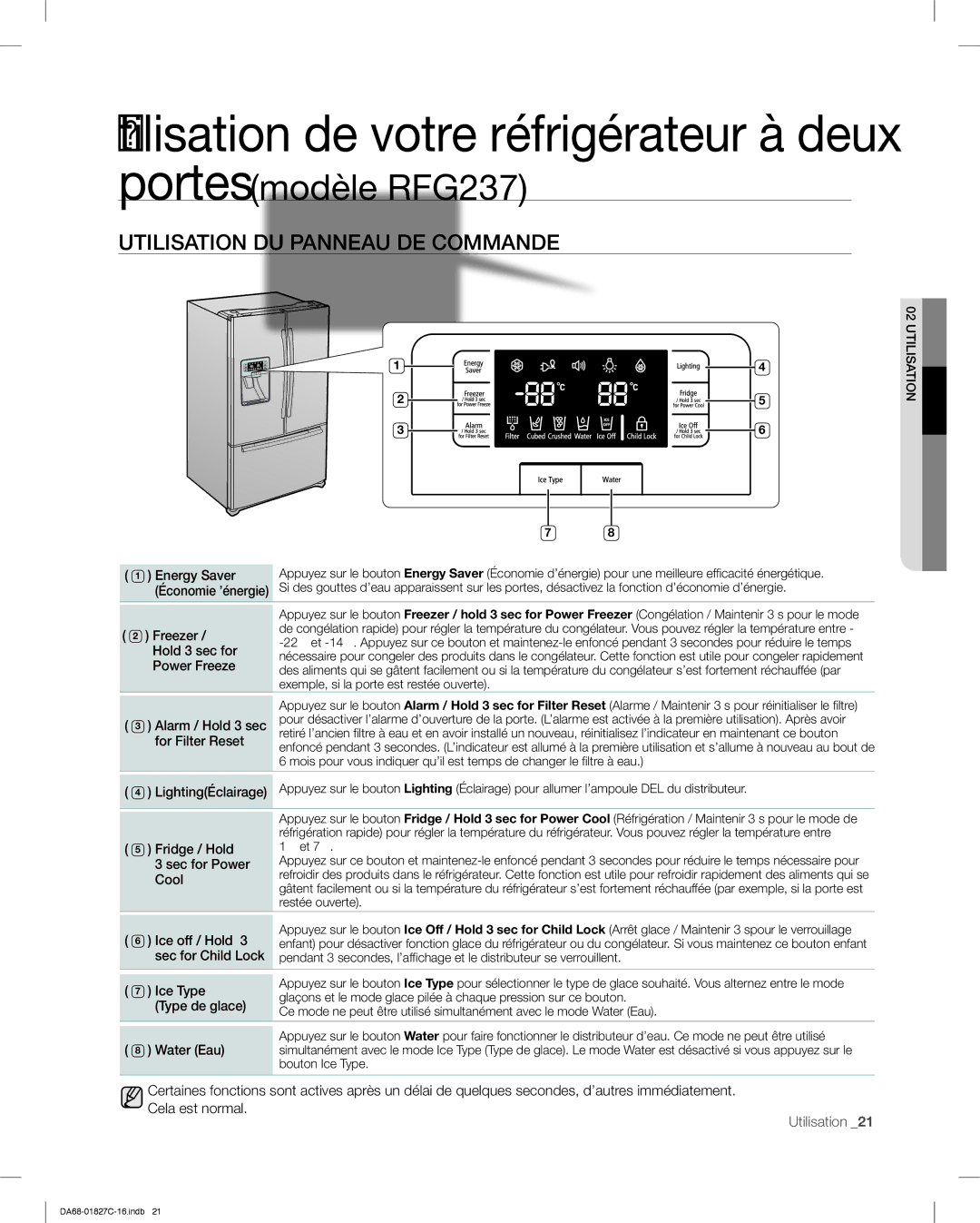 Samsung RFG237AARS user manual Utilisation DU Panneau DE Commande 