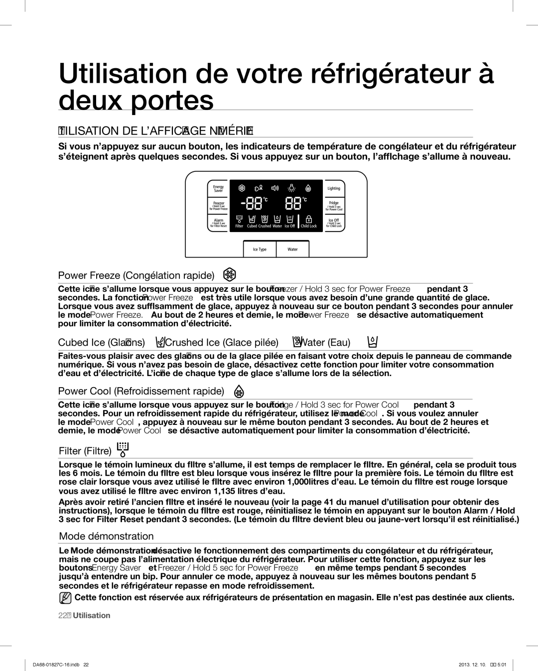 Samsung RFG237AARS user manual Utilisation de votre réfrigérateur à deux portes, Utilisation DE L’AFFICHAGE Numérique 