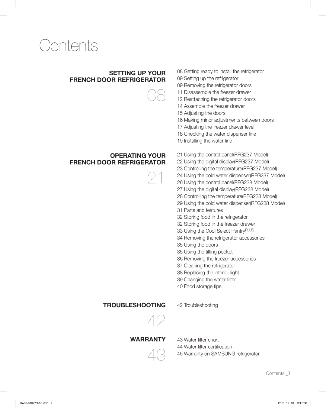 Samsung RFG237AARS user manual Contents 