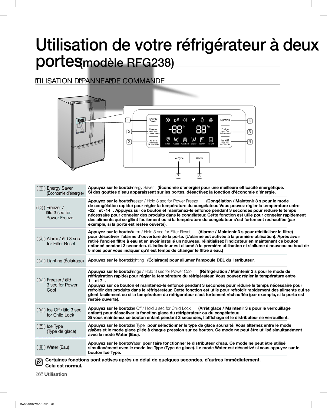 Samsung RFG237AARS user manual Freezer / Hold Sec for Power, For Child Lock 