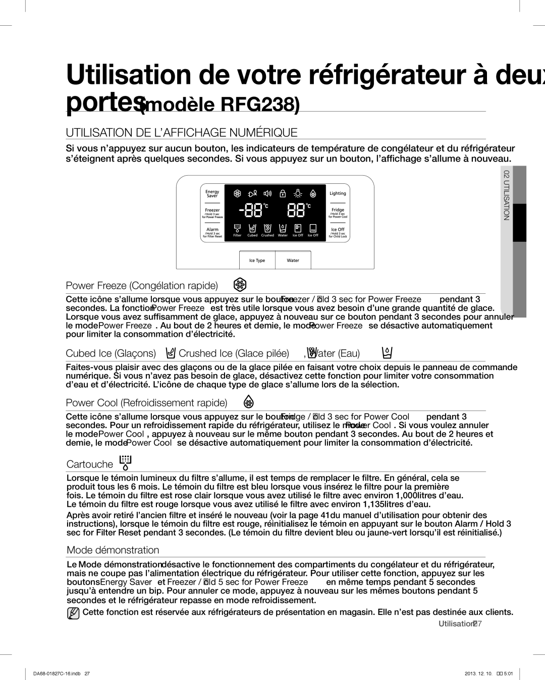 Samsung RFG237AARS user manual Utilisation DE L’AFFICHAGE Numérique, Cartouche 