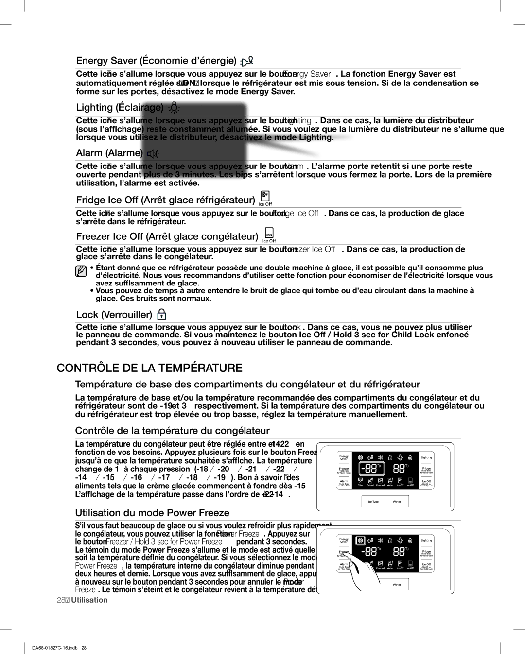 Samsung RFG237AARS user manual Fridge Ice Off Arrêt glace réfrigérateur, Freezer Ice Off Arrêt glace congélateur 