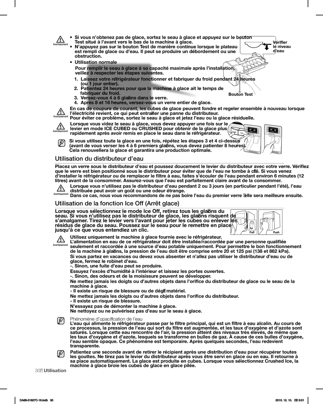 Samsung RFG237AARS user manual Utilisation du distributeur d’eau, Utilisation de la fonction Ice Off Arrêt glace 