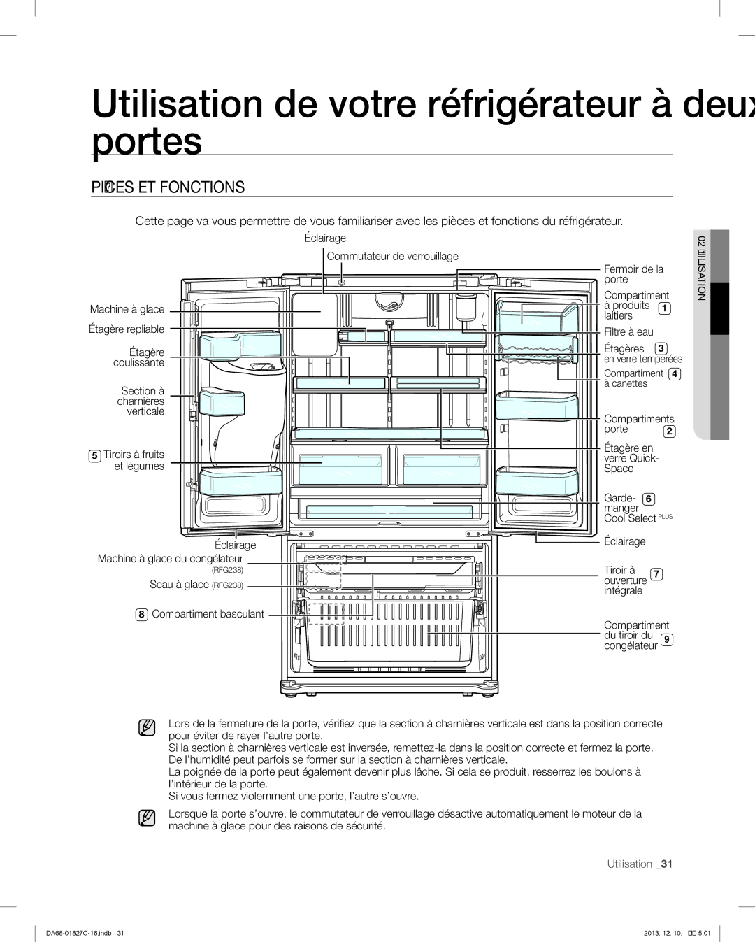 Samsung RFG237AARS user manual Pièces ET Fonctions, Produits, Tiroirs à fruits, Verre Quick, Ouverture 