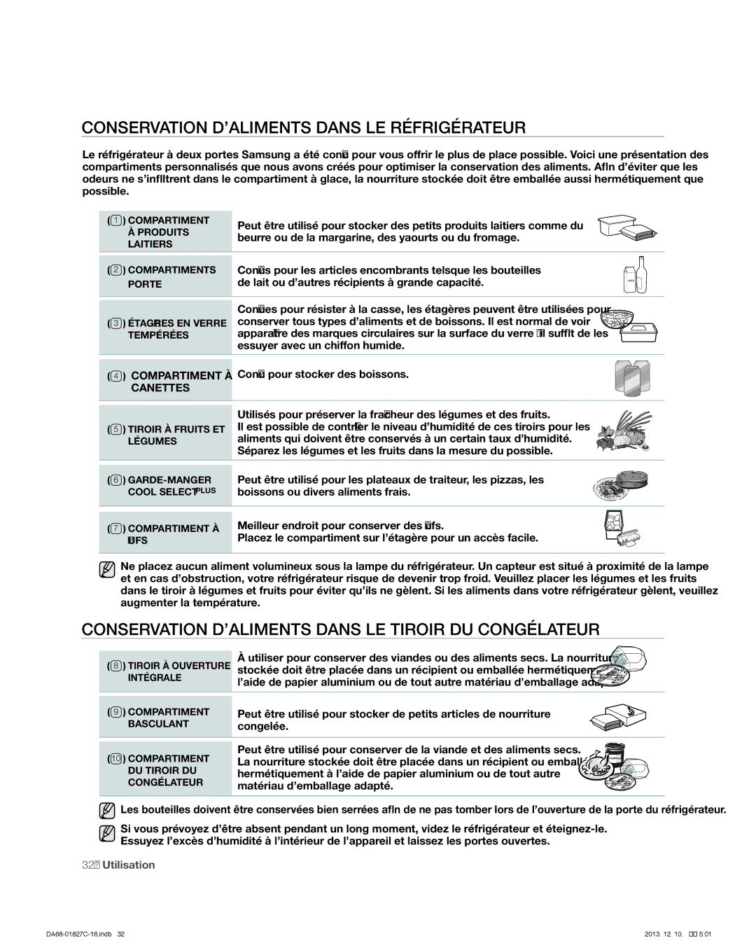 Samsung RFG237AARS Conservation D’ALIMENTS Dans LE Réfrigérateur, Conservation D’ALIMENTS Dans LE Tiroir DU Congélateur 