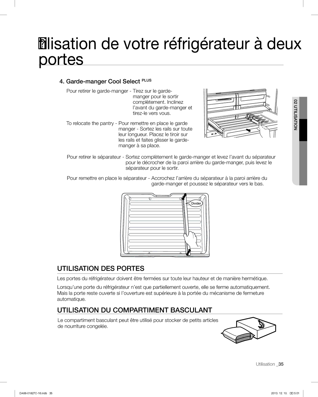 Samsung RFG237AARS user manual Utilisation DES Portes, Utilisation DU Compartiment Basculant, Garde-manger Cool Select Plus 