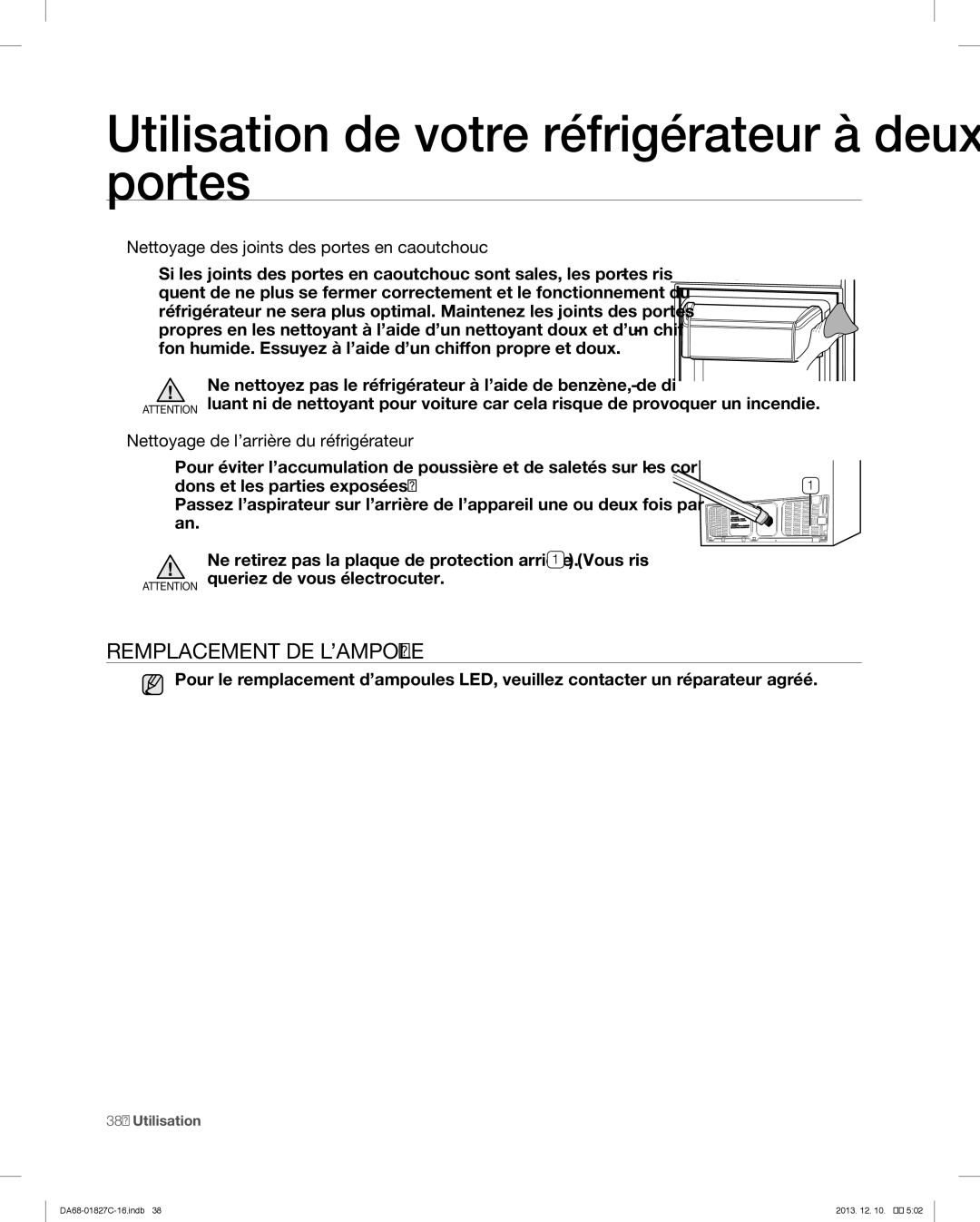 Samsung RFG237AARS user manual Utilisation de votre réfrigérateur à deux portes, Remplacement DE L’AMPOULE 